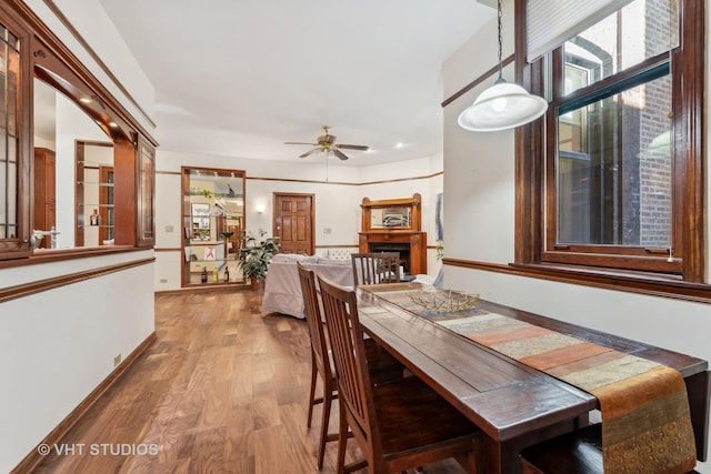 818 N Dearborn St Unit 1R, Chicago, IL 60610 - dining space featuring wood finished floors, a ceiling fan, and a fireplace
