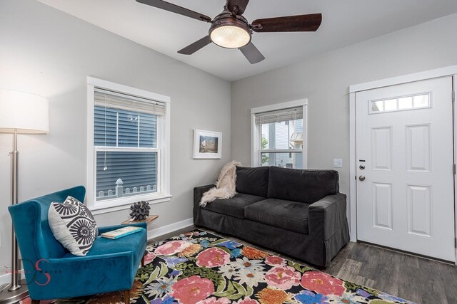 7 Pelican, Ottawa, IL 61350 - living room featuring wood finished floors, ceiling fan, and baseboards