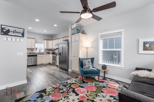 7 Pelican, Ottawa, IL 61350 - living area with baseboards, recessed lighting, dark wood-type flooring, and a ceiling fan