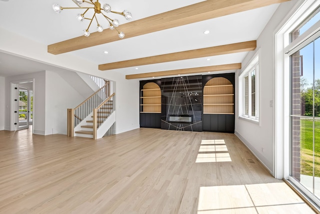 8740 Adria Ct, Orland Park, IL 60462 - unfurnished living room with a chandelier, wood finished floors, stairway, beam ceiling, and recessed lighting