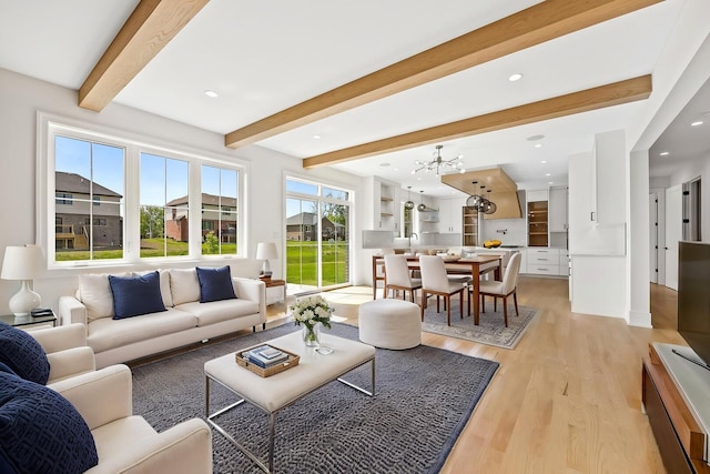 8740 Adria Ct, Orland Park, IL 60462 - living room featuring light wood-style flooring, beamed ceiling, a chandelier, and recessed lighting