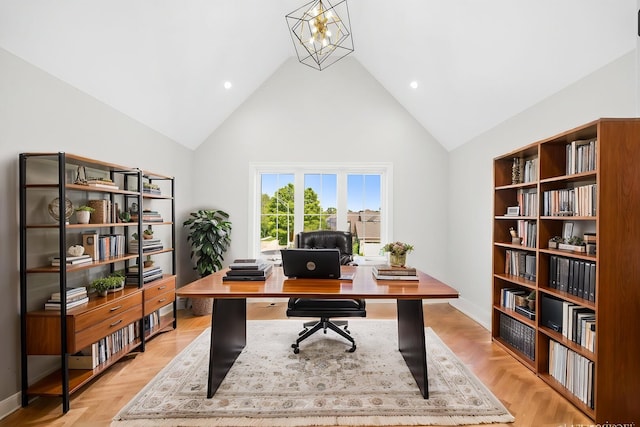 8740 Adria Ct, Orland Park, IL 60462 - office featuring a chandelier, high vaulted ceiling, baseboards, and recessed lighting