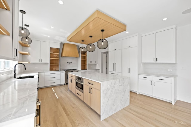 8740 Adria Ct, Orland Park, IL 60462 - kitchen with a sink, open shelves, light wood-type flooring, recessed lighting, and premium range hood