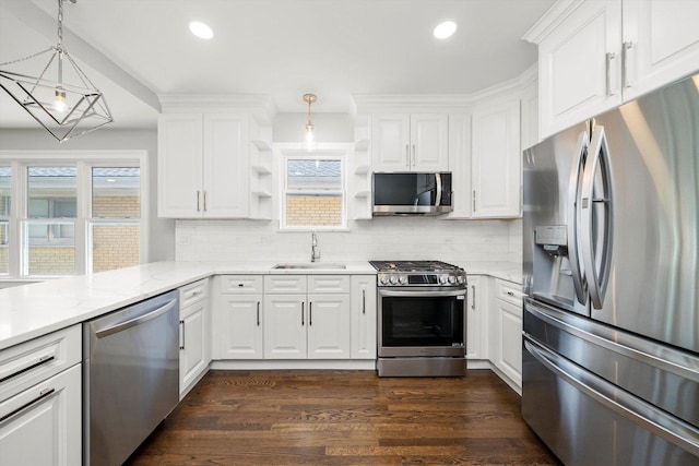 3412 Sunnyside Ave, Brookfield, IL 60513 - kitchen with appliances with stainless steel finishes, a sink, open shelves, recessed lighting, and dark wood-type flooring