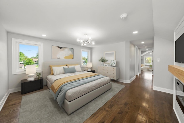3412 Sunnyside Ave, Brookfield, IL 60513 - bedroom featuring multiple windows, dark wood finished floors, a chandelier, baseboards, and recessed lighting