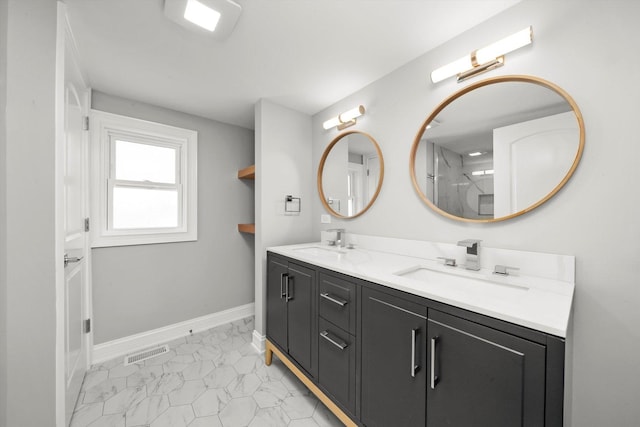 3412 Sunnyside Ave, Brookfield, IL 60513 - full bathroom featuring marble finish floors, baseboards, double vanity, and a shower