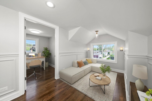3412 Sunnyside Ave, Brookfield, IL 60513 - living area featuring dark wood-style flooring, plenty of natural light, an office area, and vaulted ceiling
