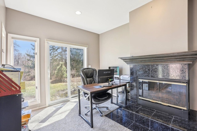 51 Oak Creek Dr, Burr Ridge, IL 60527 - office area with a tiled fireplace, recessed lighting, and granite floors