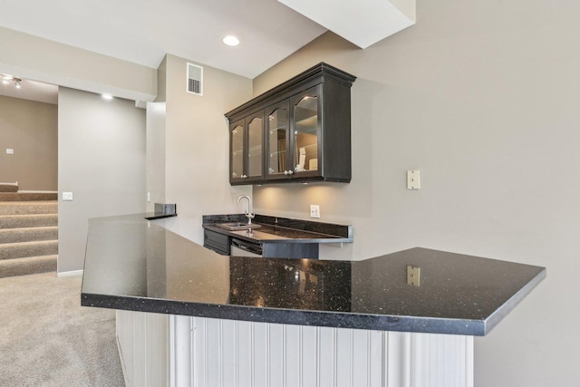51 Oak Creek Dr, Burr Ridge, IL 60527 - bar area featuring a sink, light carpet, stairs, baseboards, and recessed lighting
