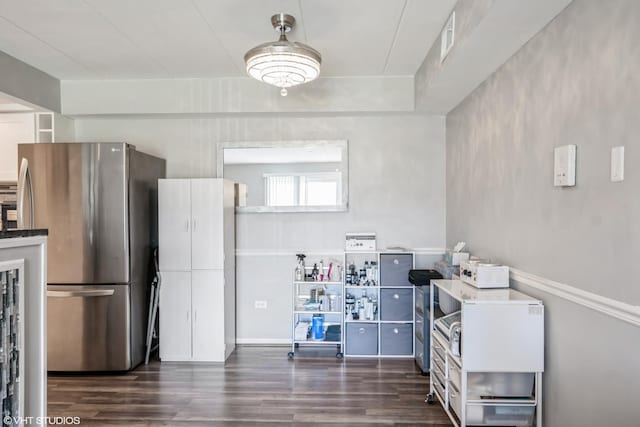 2237 175th St Unit 2A, Lansing, IL 60438 - kitchen with freestanding refrigerator, dark wood-style floors, and baseboards