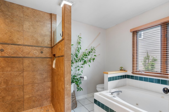 807 Meadow Ln, North Aurora, IL 60542 - full bath with tile patterned flooring, a tile shower, a jetted tub, toilet, and baseboards