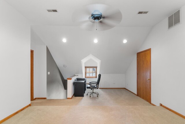 807 Meadow Ln, North Aurora, IL 60542 - home office featuring vaulted ceiling, carpet flooring, a ceiling fan, baseboards, and recessed lighting