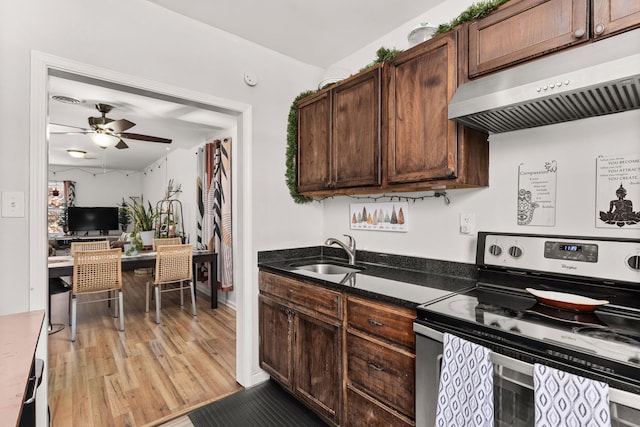 kitchen with stainless steel range with electric cooktop, a sink, under cabinet range hood, light wood-style floors, and a ceiling fan