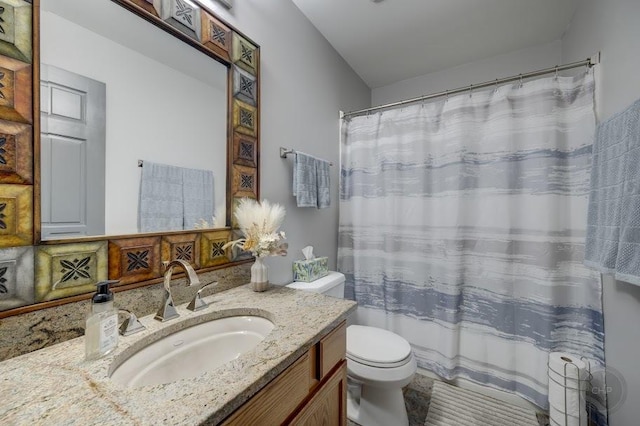 full bath featuring toilet, vanity, and a shower with curtain