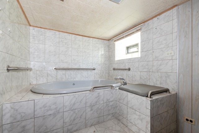 2820 W 100th Pl, Evergreen Park, IL 60805 - full bathroom featuring a relaxing tiled tub, tile walls, and ornamental molding