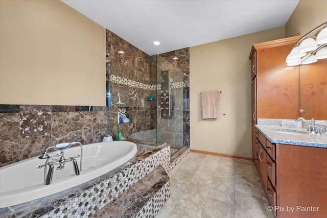 1122 Souders Ave, Elburn, IL 60119 - bathroom featuring a stall shower, a bath, vanity, and baseboards