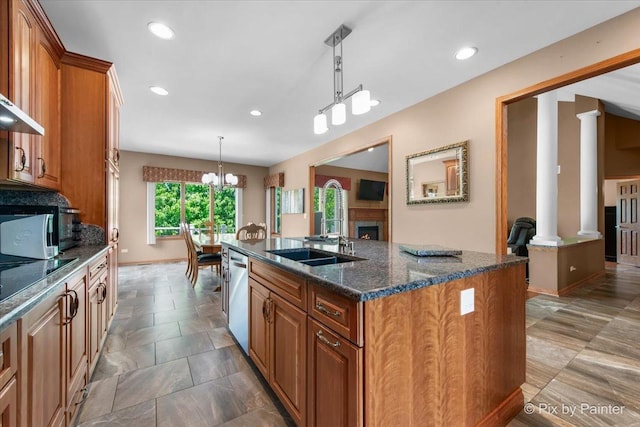 1122 Souders Ave, Elburn, IL 60119 - kitchen with dishwasher, brown cabinetry, recessed lighting, an island with sink, and pendant lighting