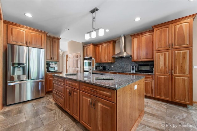 1122 Souders Ave, Elburn, IL 60119 - kitchen with stainless steel appliances, wall chimney exhaust hood, dark stone countertops, brown cabinetry, and decorative backsplash
