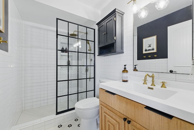 4783 W Iris Ln, Monee, IL 60449 - full bathroom with walk in shower, toilet, tile patterned flooring, tile walls, and vanity