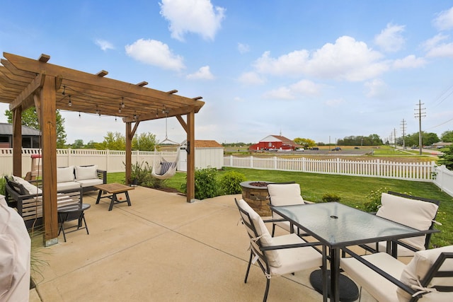 4783 W Iris Ln, Monee, IL 60449 - view of patio / terrace featuring an outdoor living space with a fire pit, outdoor dining space, a pergola, an outbuilding, and a storage shed
