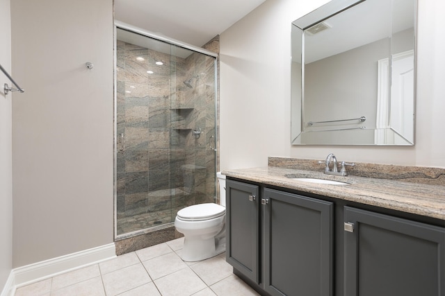 bathroom featuring toilet, vanity, a shower stall, tile patterned flooring, and baseboards