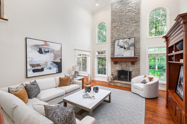 living area with a towering ceiling, a stone fireplace, crown molding, wood finished floors, and plenty of natural light