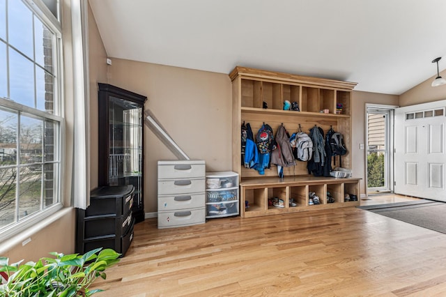 mudroom with wood finished floors and lofted ceiling