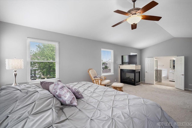 1514 Somerfield Dr, Bolingbrook, IL 60440 - bedroom featuring vaulted ceiling, light colored carpet, a multi sided fireplace, ceiling fan, and ensuite bath