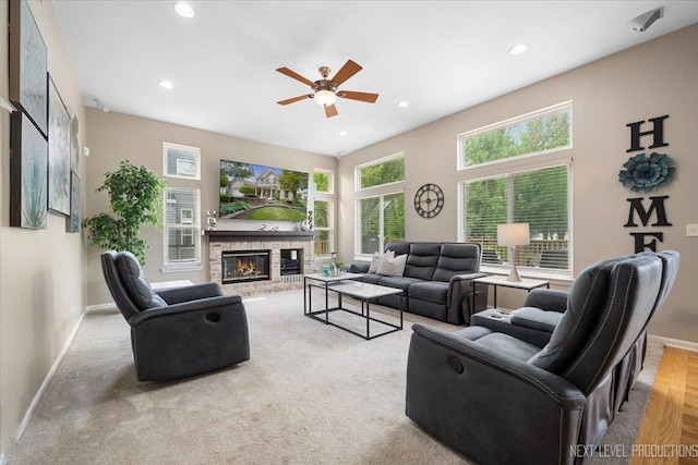 1514 Somerfield Dr, Bolingbrook, IL 60440 - living room with baseboards, a ceiling fan, a fireplace, and recessed lighting