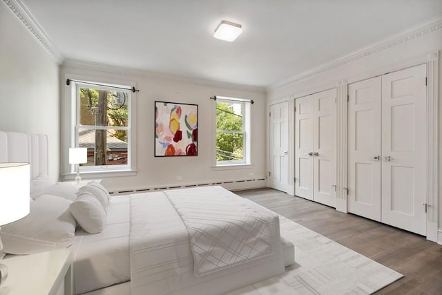 bedroom with two closets, wood finished floors, and crown molding