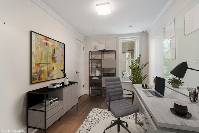 home office with dark wood finished floors and ornamental molding