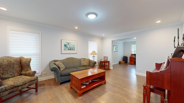 2030 N Oak Wood Dr, Arlington Heights, IL 60004 - living area with wood finished floors, baseboards, ornamental molding, and recessed lighting