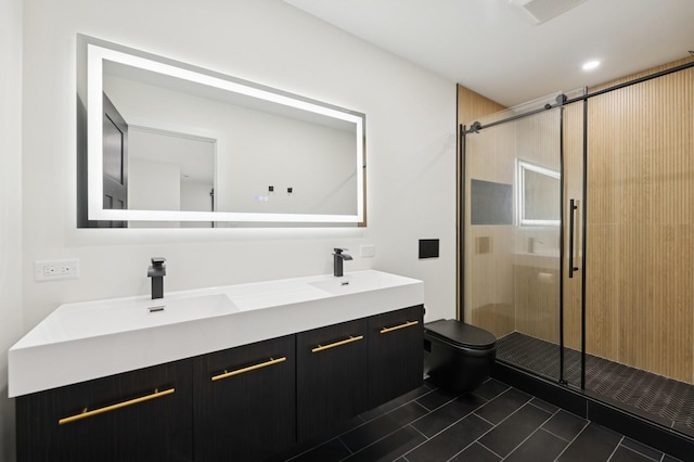 1929 S Ashland Ave, Park Ridge, IL 60068 - bathroom with a stall shower, tile patterned floors, double vanity, and toilet