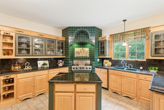 557 Signal Hill Rd, North Barrington, IL 60010 - kitchen featuring a sink, stainless steel gas range, light brown cabinets, and tasteful backsplash