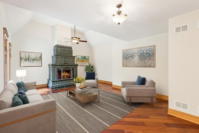 557 Signal Hill Rd, North Barrington, IL 60010 - living room with baseboards, vaulted ceiling, wood finished floors, a brick fireplace, and ceiling fan
