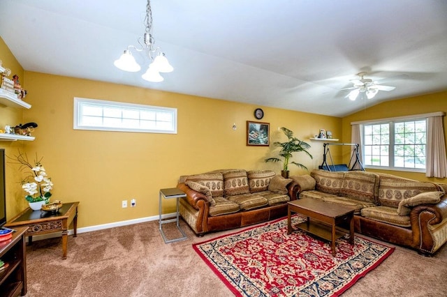 72 Astoria Way, Bloomington, IL 61704 - living area with carpet flooring, a chandelier, a ceiling fan, vaulted ceiling, and baseboards
