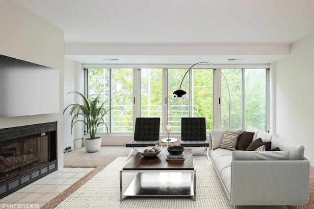2525 Wellington Ct Unit 307, Evanston, IL 60201 - living room featuring plenty of natural light, a fireplace with flush hearth, and carpet
