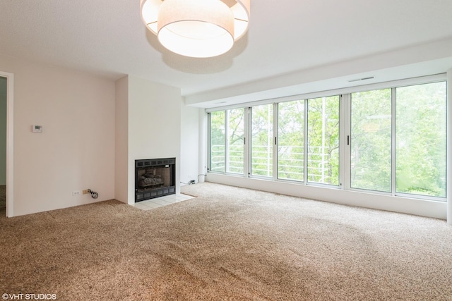 2525 Wellington Ct Unit 307, Evanston, IL 60201 - unfurnished living room with carpet floors, plenty of natural light, heating unit, and a fireplace with flush hearth