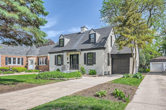 view of front of property with a chimney, brick siding, driveway, a shingled roof, and a garage