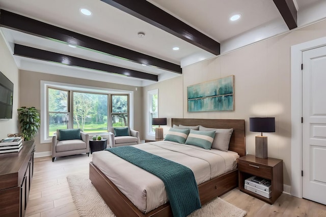bedroom with beamed ceiling, light wood-type flooring, baseboards, and recessed lighting
