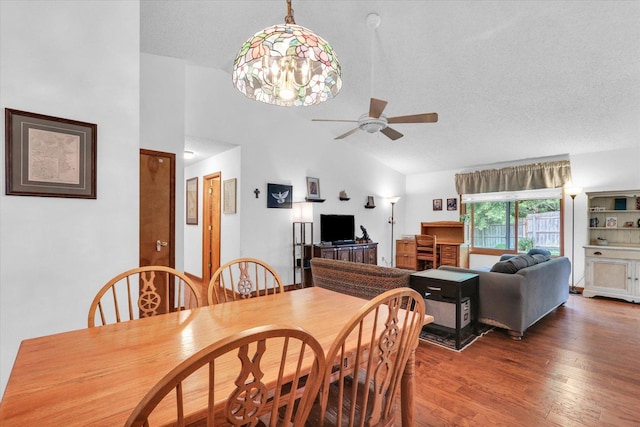 2805 Susan Stone Dr, Urbana, IL 61802 - dining area featuring a ceiling fan, wood finished floors, high vaulted ceiling, and a textured ceiling