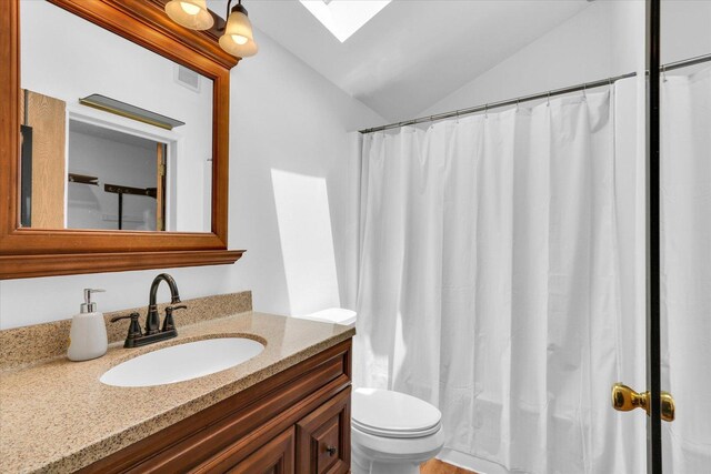 2805 Susan Stone Dr, Urbana, IL 61802 - bathroom featuring a skylight, vanity, lofted ceiling, toilet, and a shower with curtain