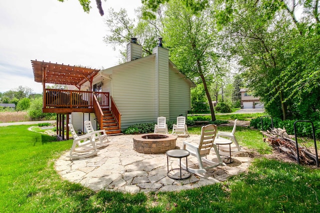 6316 Lake Shore Dr, Cary, IL 60013 - view of patio with an outdoor fire pit, stairway, a pergola, and a wooden deck