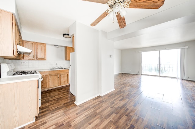 12741 S Lacrosse Ave Unit 3A, Alsip, IL 60803 - kitchen featuring white appliances, under cabinet range hood, open floor plan, ceiling fan, and dark wood-type flooring