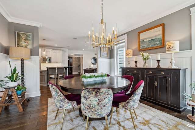 4532 Douglas Rd, Downers Grove, IL 60515 - dining area featuring a chandelier, dark wood-style flooring, ornamental molding, a wainscoted wall, and recessed lighting