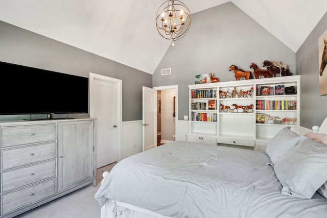 4532 Douglas Rd, Downers Grove, IL 60515 - bedroom featuring a chandelier, light colored carpet, and high vaulted ceiling