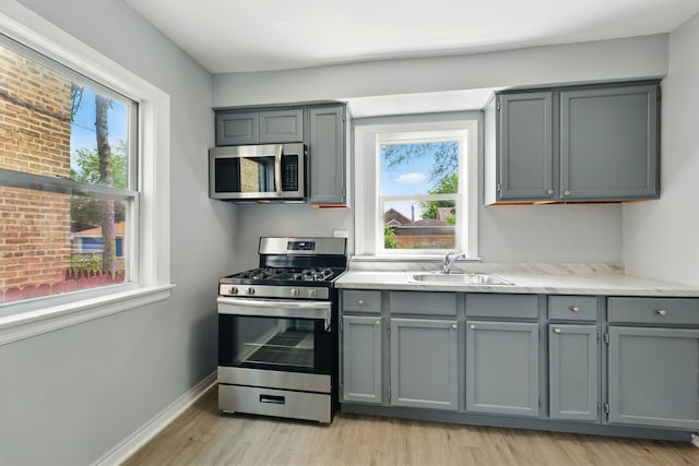 12137 S Perry Ave, Chicago, IL 60628 - kitchen featuring stainless steel appliances, gray cabinetry, a sink, light wood-style flooring, and light countertops