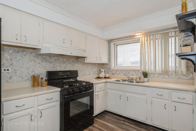 7912 W Lawrence Ave Unit C, Norridge, IL 60706 - kitchen with black gas stove, a sink, under cabinet range hood, ornamental molding, and light countertops