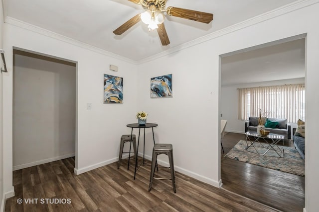 7912 W Lawrence Ave Unit C, Norridge, IL 60706 - dining room with wood finished floors, ceiling fan, crown molding, and baseboards