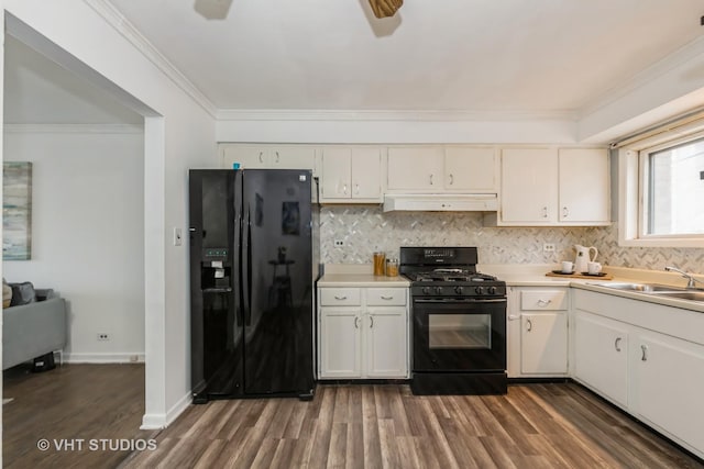 7912 W Lawrence Ave Unit C, Norridge, IL 60706 - kitchen with black appliances, under cabinet range hood, a sink, ornamental molding, and dark wood-type flooring